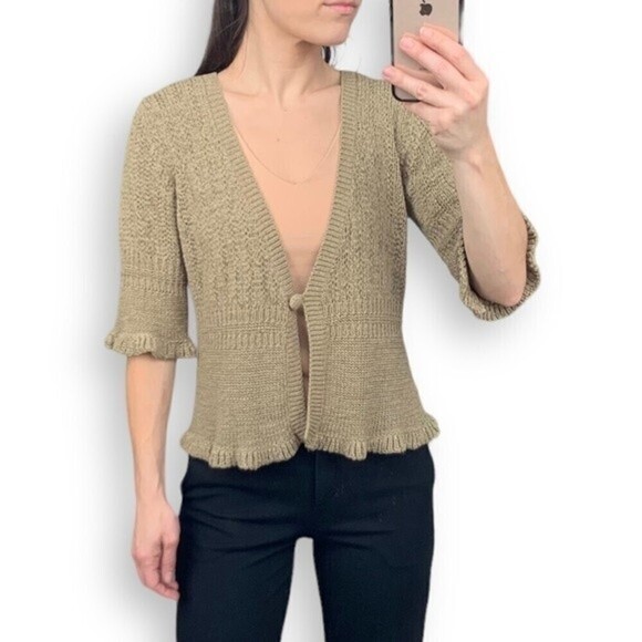 Vintage Cardigan Knit y2k Ruffle Hem Neutral Sweater - Picture 14 of 14